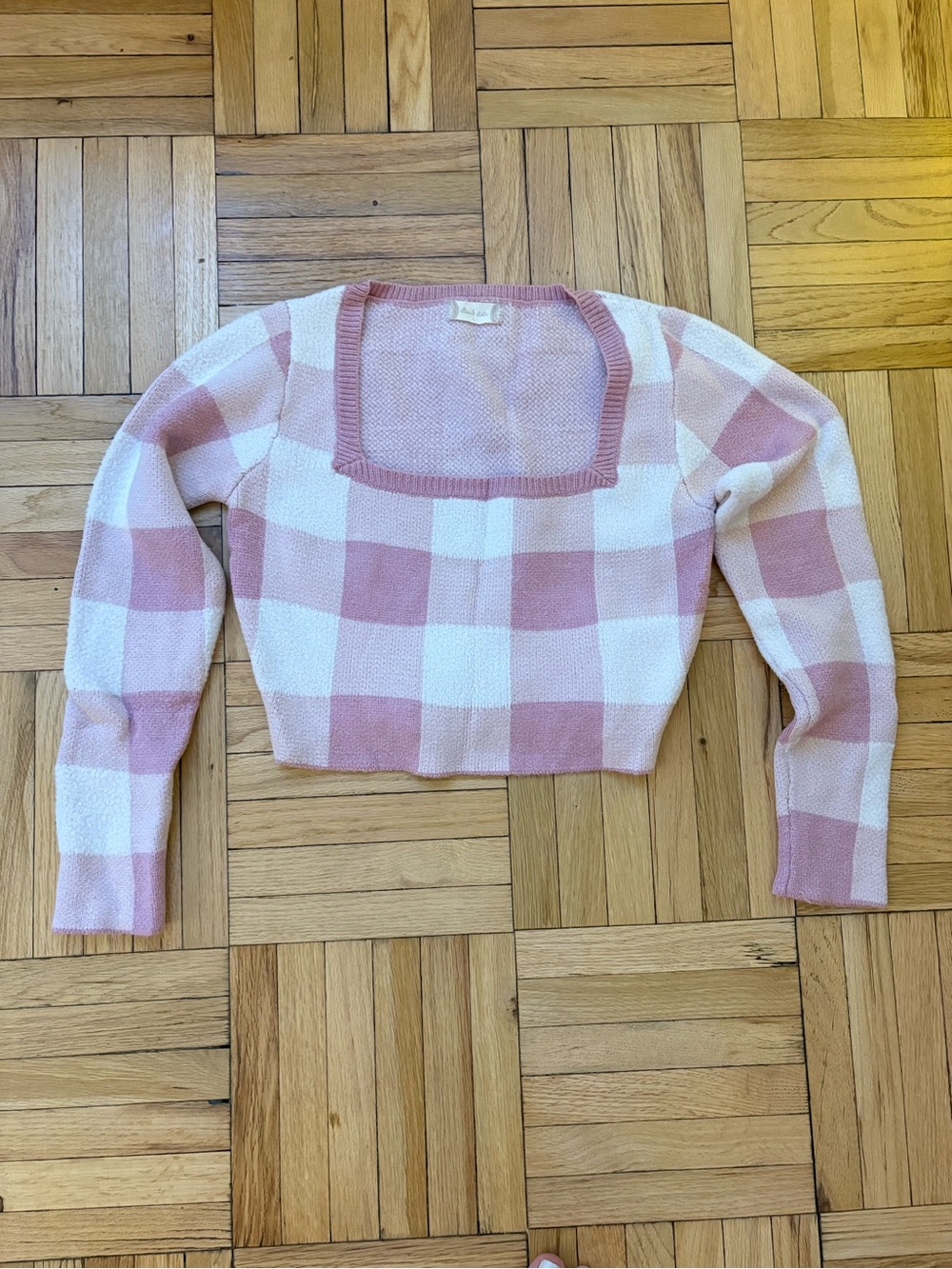 Altar'd State Pink and White Checkered Square Neck Cropped Sweater Large